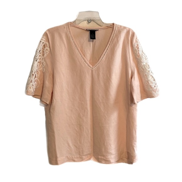 Beautiful Pink Linen Blouse L Pull-on Short Sleeve V-Neck Boho Lace Detail - Picture 1 of 10